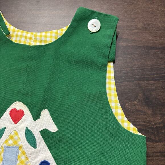 Vtg 70s Shortalls 6-9 Months Romper Green Yellow Appliqué USA Handmade Buttons - Picture 3 of 8